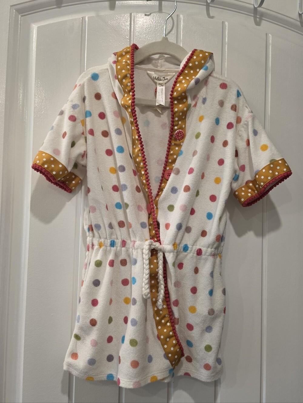 Matilda Jane White Hooded Kids Robe with Multicolor Polka Dots